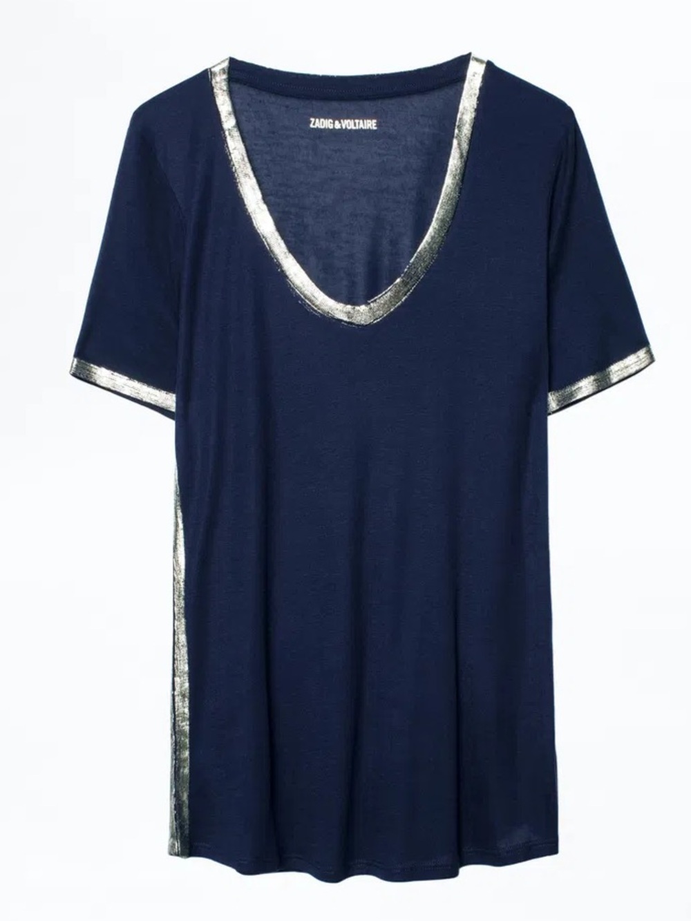 Zadig & Voltaire NWT Tino Silver Foil V-Neck Short-Sleeve Modal Tee Navy size S